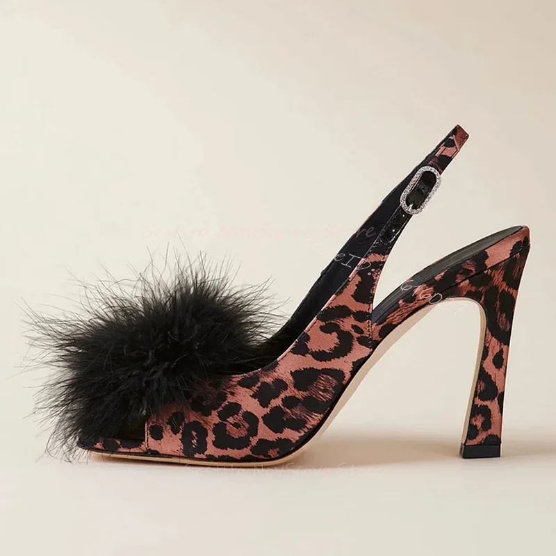 Leopard Print Square Toe Sandals Feather Ball Decor Thin Block Heeled Slingback Pumps Shallow Summer Sexy Ladies Daily Shoes