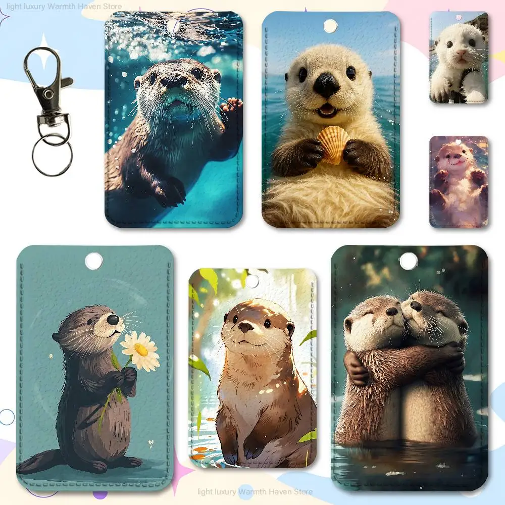 Cute Animals Sea Otters Custom Access Card Case Leather Card Holder Transportation Card Case Gifts