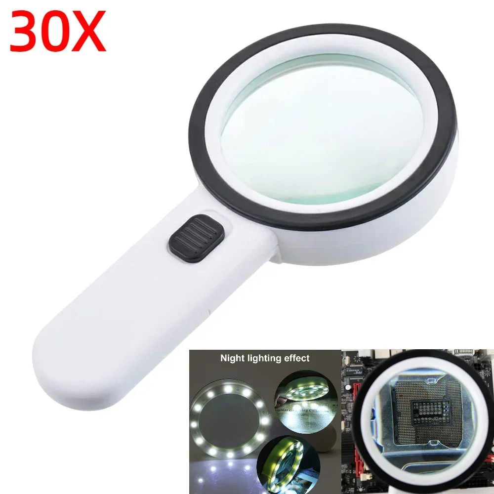 3X 30X 45X Handheld Reading Magnifier Illuminated with 12  Microscope Lens Jewelry Magnifying Reading Glass Repair Tool