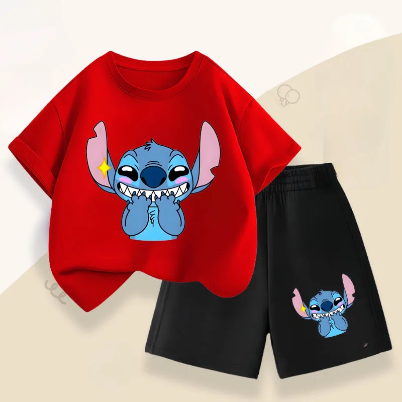 Summer Children's Casual Outfits Stitch Printed Boys Short Sleeved Top Sets Kids T Shirt Shorts Two Piece Suit Disney 2025 image 4