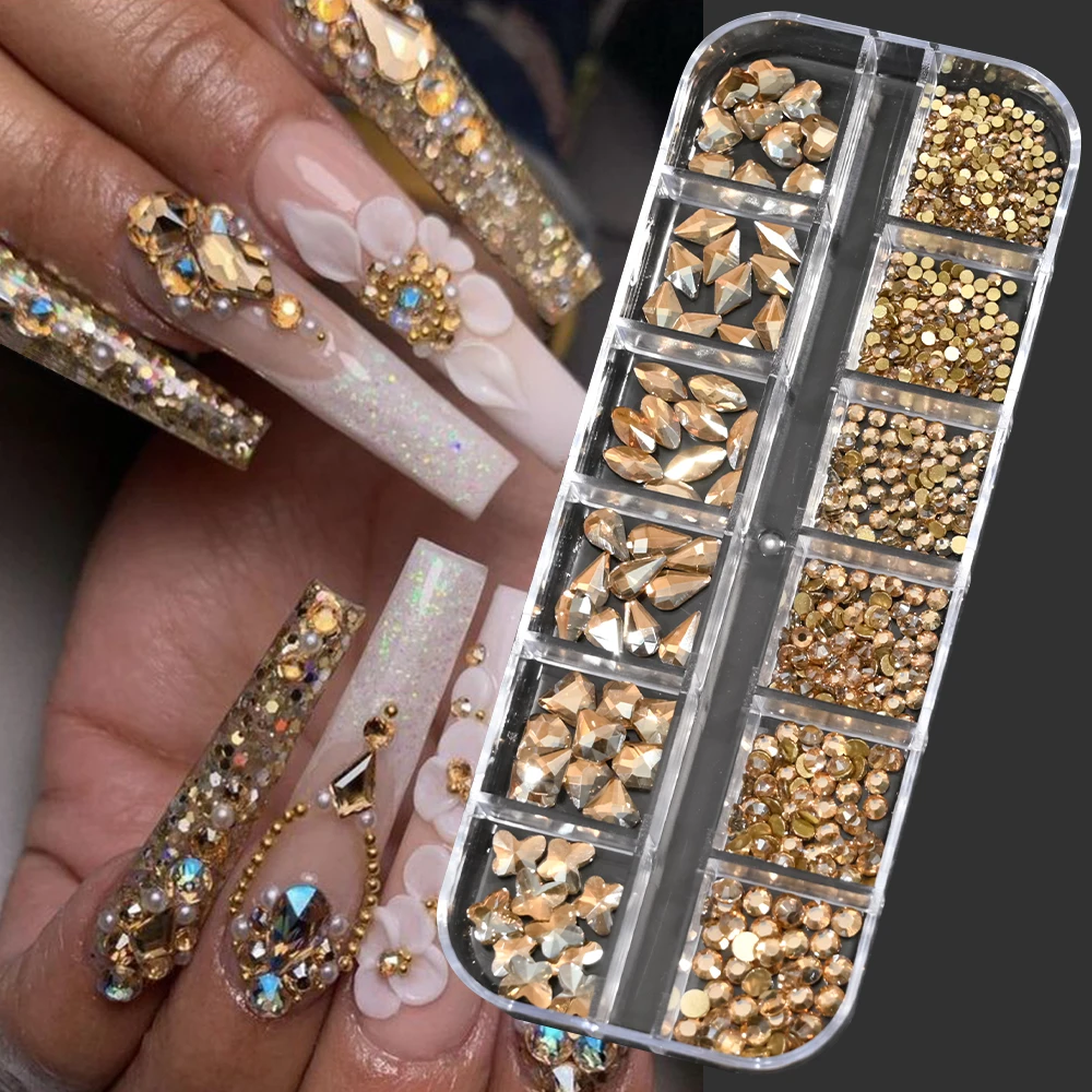 12Grid 3D Champagne Gold Glass Nail Diamonds Multi Shapes Flatback Bing Crystals Rhinestones Non Hotfix Nail Art Decorations SE2