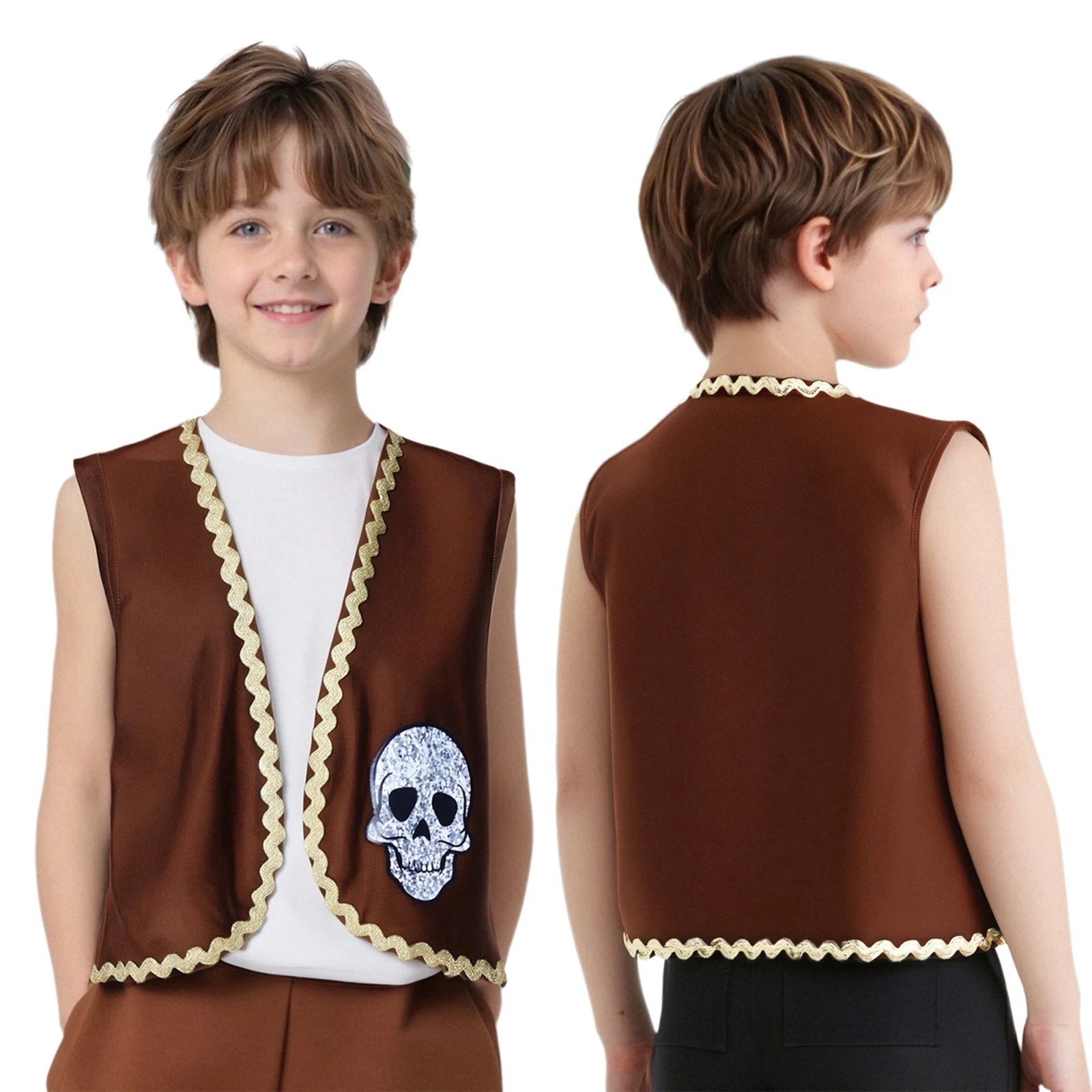 

Boys Girls Halloween Pirate Role Play Costume Skull Bones Print Waistcoat Open Front Pirate Vest for Carnival Christmas Party