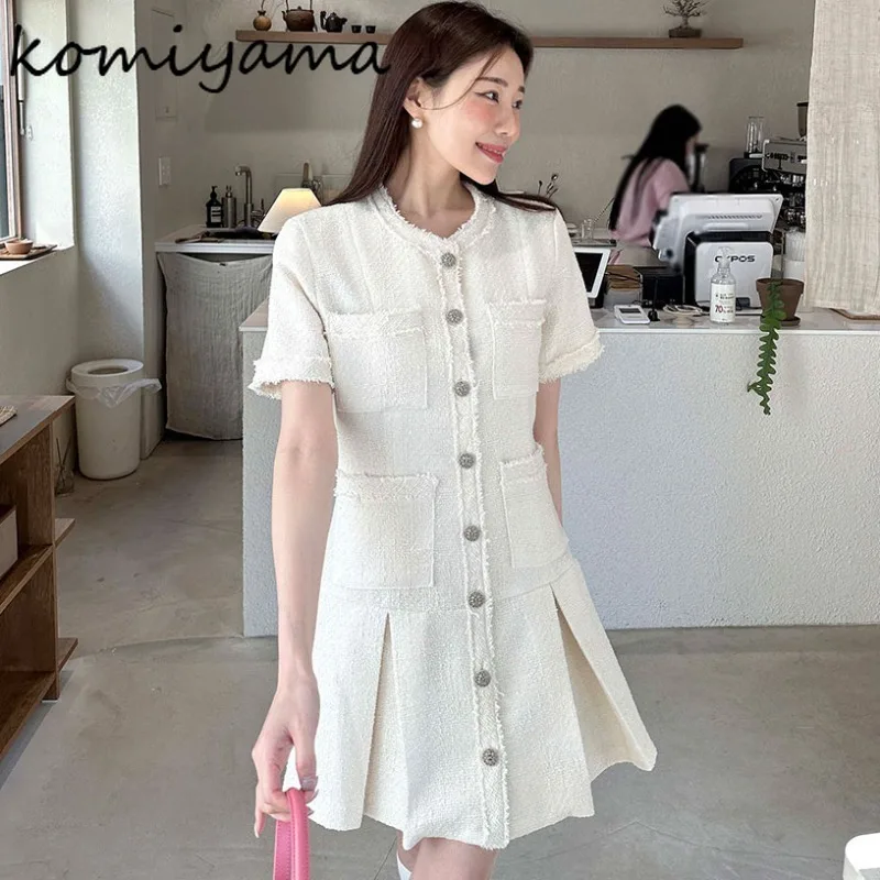 Small Fragrance Tweed Vestidos Mujer Multi Pockets Dress Korean Vestido Elegant 2025 Woman Dresses Summer Short Sleeve Robes