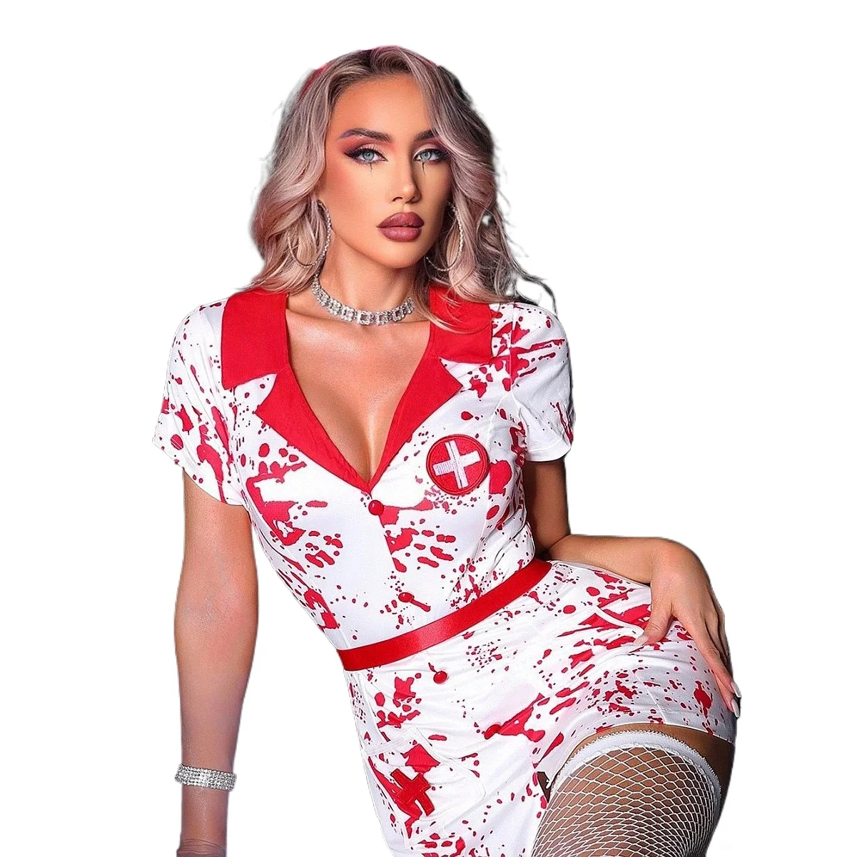 2026 Nurse Dress Halloween Cosplay Horror Nurse Outfit Fitted Waist Party Uniform Set