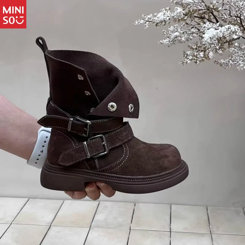 Miniso 2025 Bottes Martin en daim pour enfants, chaussures d'hiver mi-mollet de style britannique avec doublure en fourrure