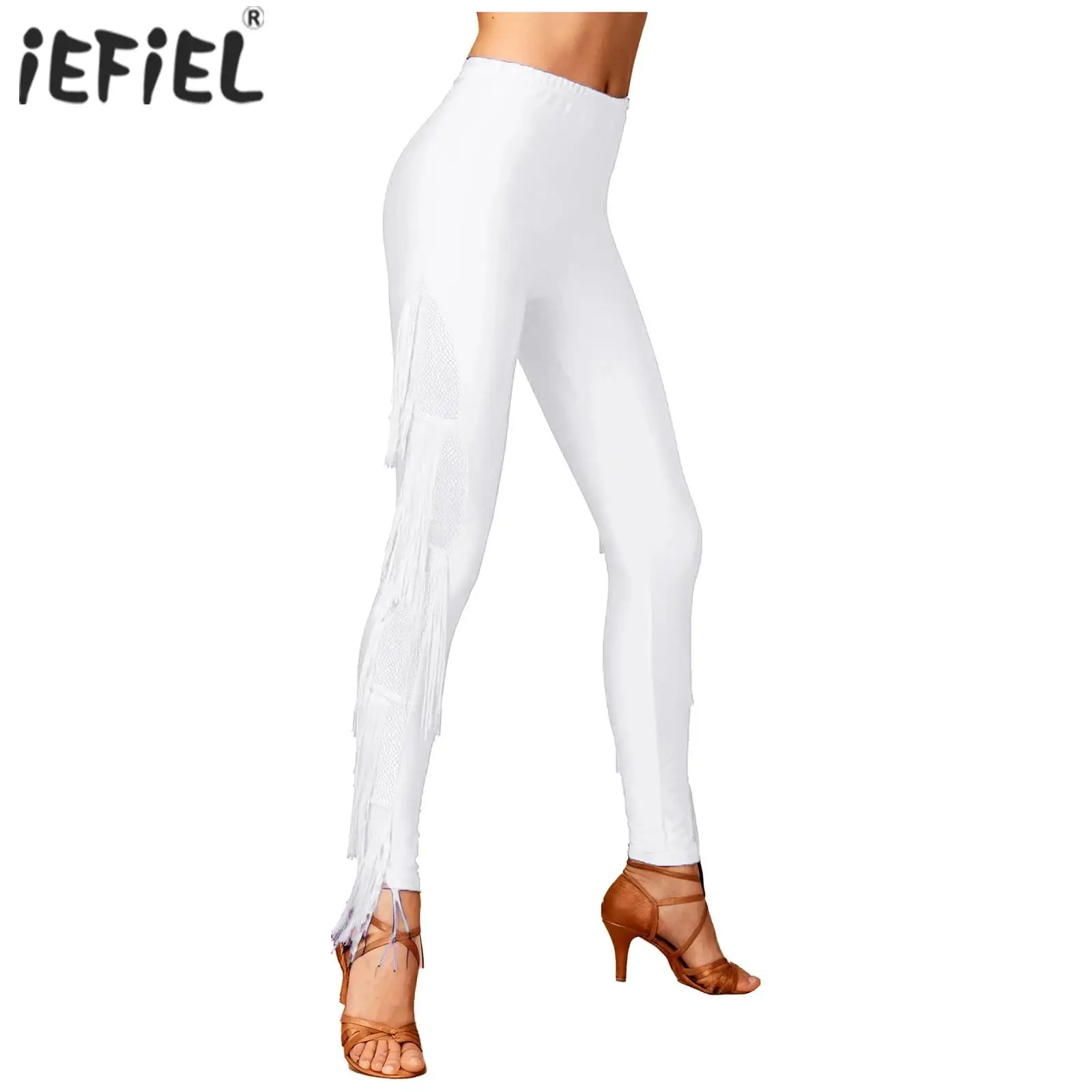 

Женские узкие длинные брюки с кисточками, брюки для латинской чачи, леггинсы с прозрачной сеткой по бокам и многоуровневым костюмом для танго, сальсы