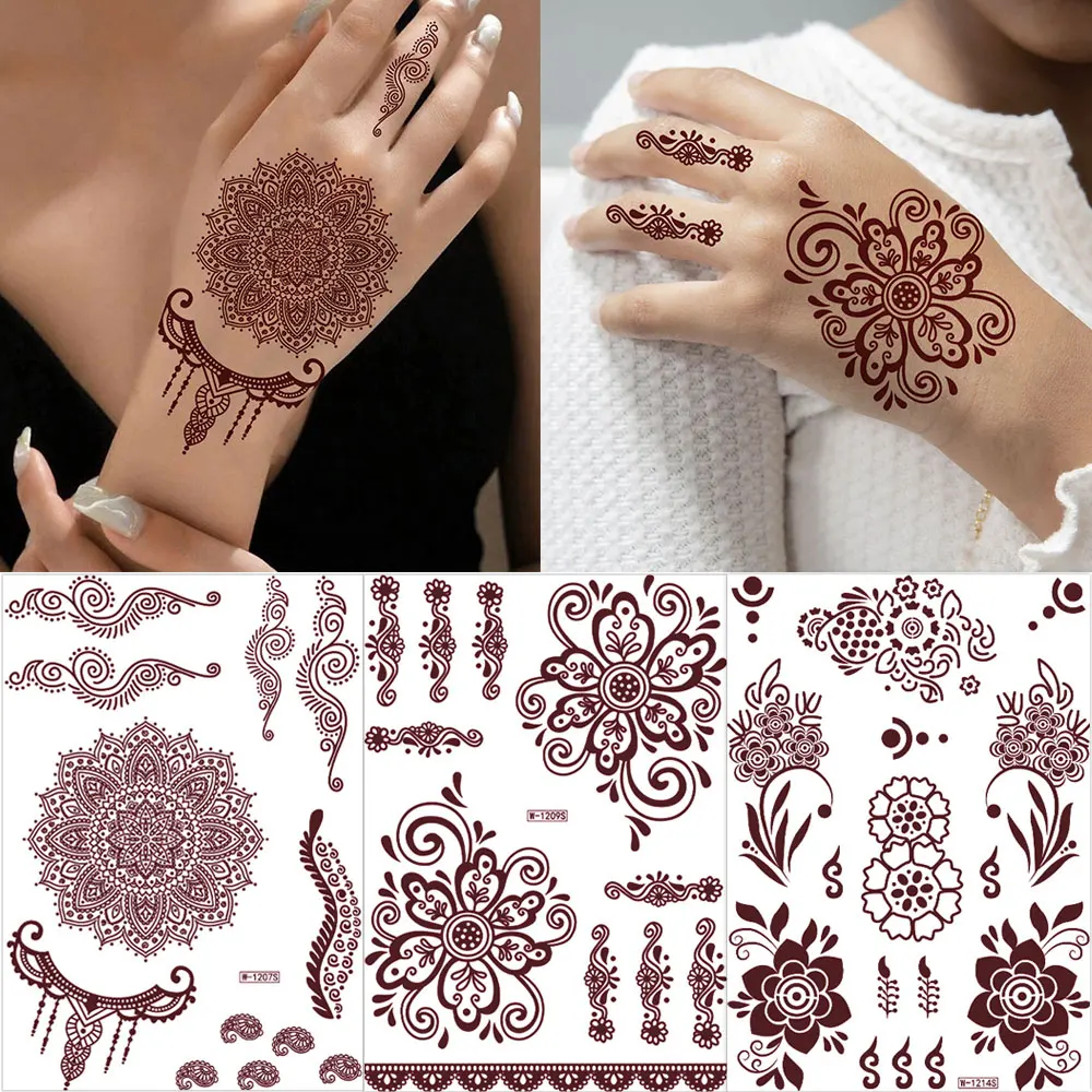 

Татуировки с коричневой хной для женщин, водостойкие временные наклейки FakeTattoo для рук, тату с цветами