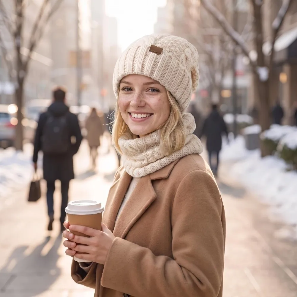 2-Piece Set Knit Hat Scarf Set Double Layer Cable Knit Beanie Hat & Neck Gaiter Thick Warm Thermal Design Winter Cap Neck Warmer