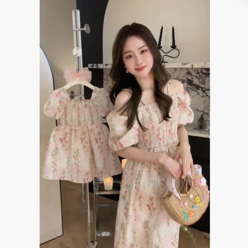 Parent-child Clothing Floral Dress Sweet Cute Children's Clothing Skirt Mother Same Mother-daughter Clothing Bubble Sleeve Skirt