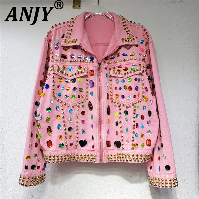 

ANJY Spring Autumn New Women European Design Hip Hop Ins Diamonds Heavy Streetwear Denim Jackets Zipper Long Sleeved Coats A8141
