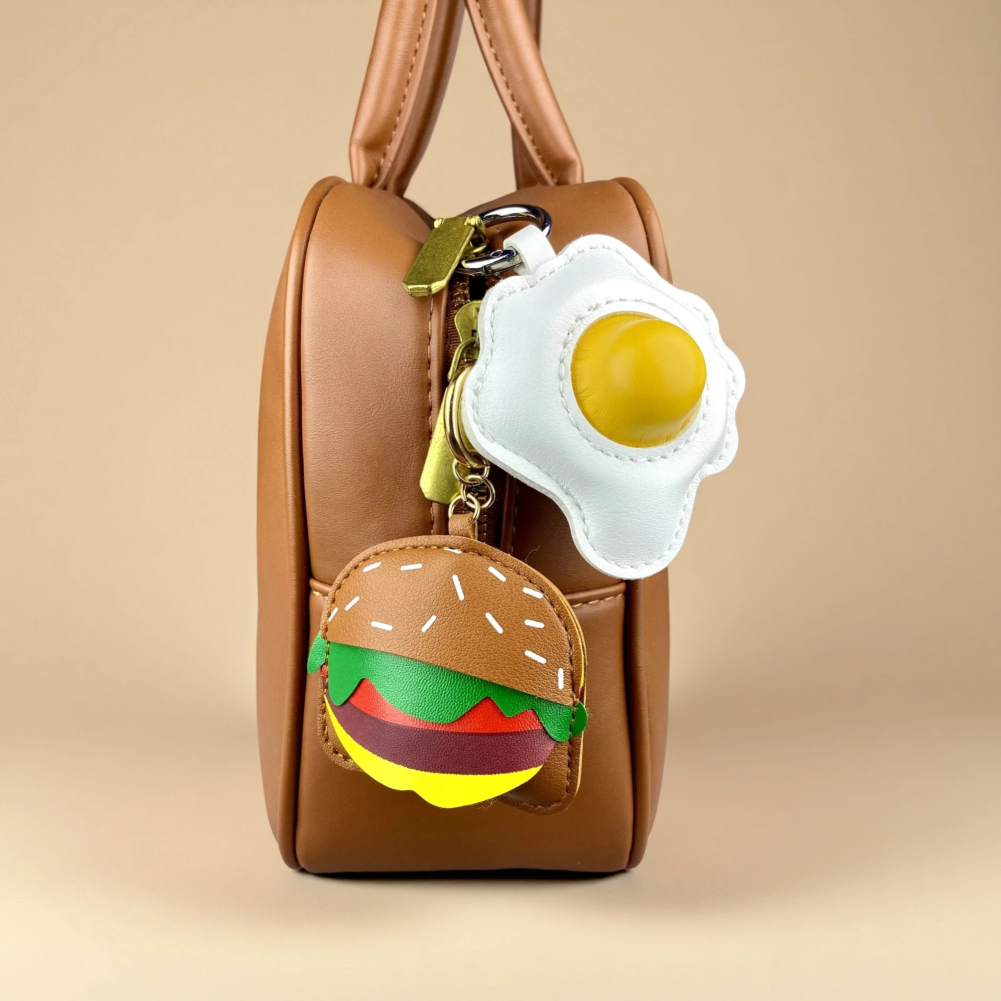 Adorable PU Leather Food Keychain, Cute Coffee Cup, Burger, Cheese Slice & Fried Egg Pendant, Realistic Breakfast Charm, Gift view 4