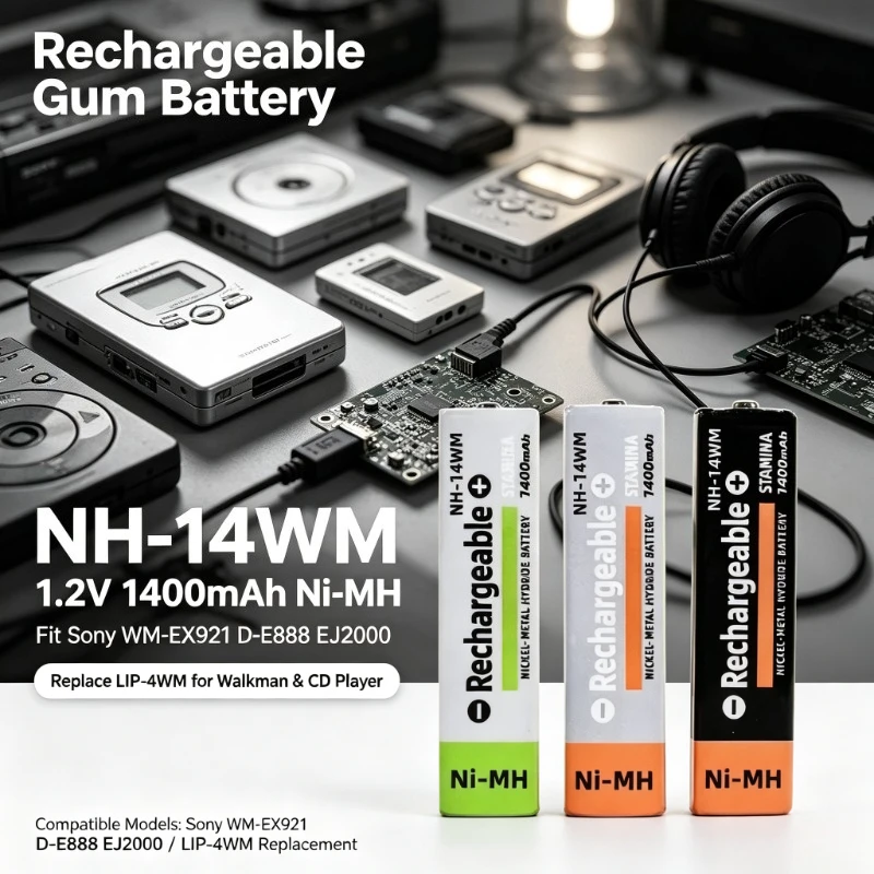 Rechargeable Gum Battery NH-14WM 1.2V 1400mAh Fit Sony WM-EX921 D-E888 EJ2000 Replace LIP-4WM NH-9WM NH-10WM