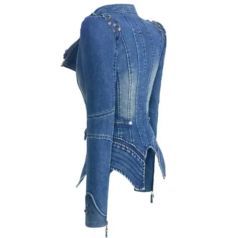 Punk Rivet Short Denim Slim Jackets Women Wash Long Sleeve Vintage Casual Studs Jean Outerwear Motorcycle Denim Coat Large Size