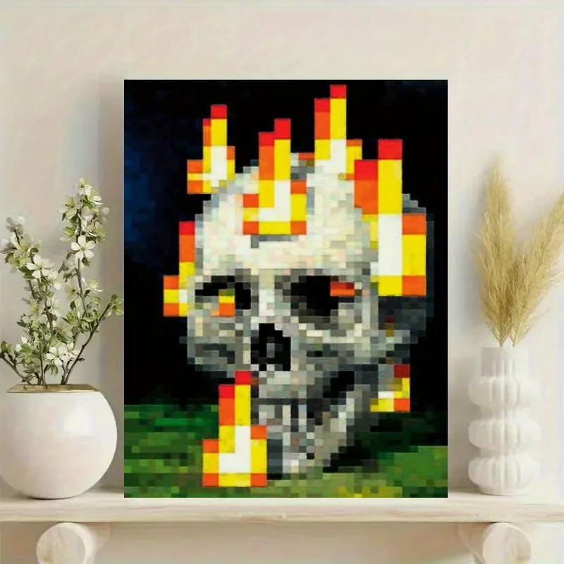 1PCS Vibrant Pixel Skull & Flames Canvas Poster Unframed Art Print for Bedroom Office Living Room Decor Skull Theme