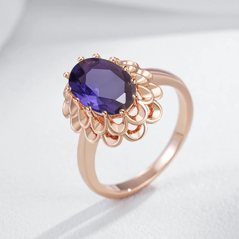 Kinel Hot Classic Big Oval Purple Natural Zircon Ring For Women Fashion 585 Rose Gold Color Crystal Flower Daily Vintage Jewelry image 4