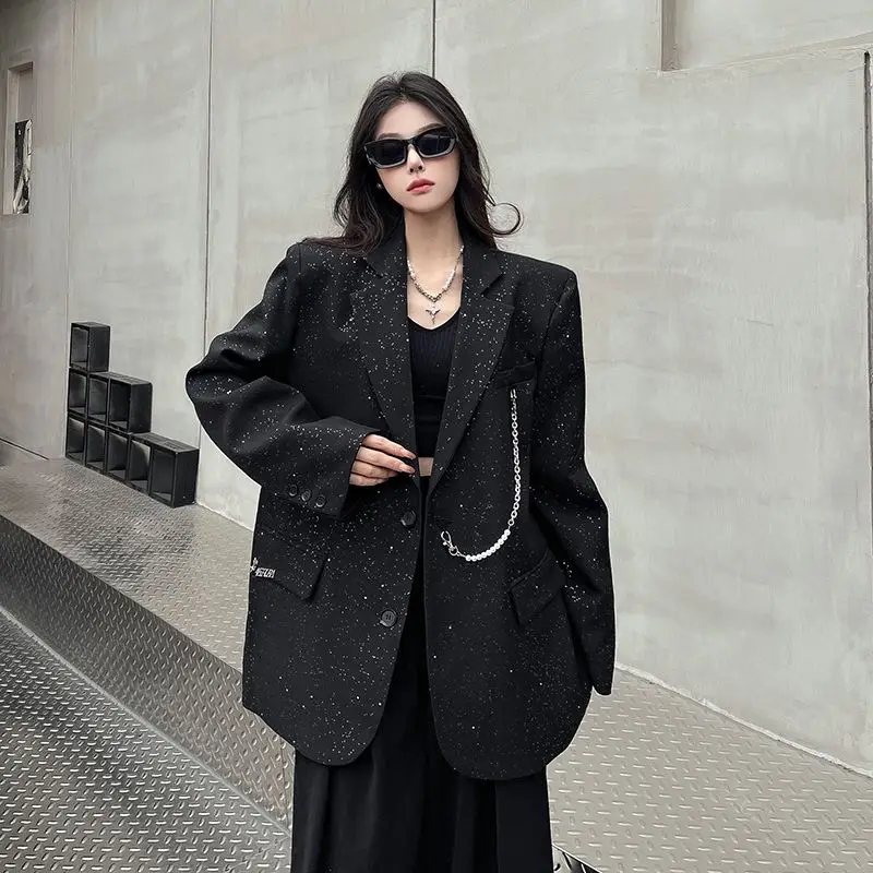 

Черный звездный пиджак для женщин, исправление со стразами, новые высококачественные подплечники, свободный топ, весна-осень, Harajuku, корейская улица