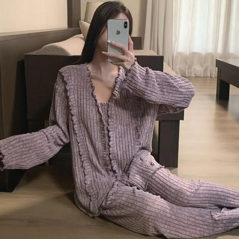 

Женская одежда, пижамный комплект, домашняя одежда, брюки с длинными рукавами, комплект из двух предметов, осенне-зимний утепленный удобный милый модный комплект