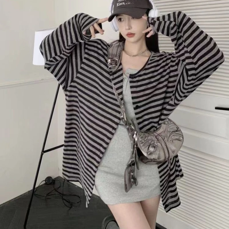 Fashion Sexy Women Sleeveless Slim Bodycon Dresses Autumn Korean Strip Loose Long Sleeve Coat and Y2K Mini Dress Two Piece Suit