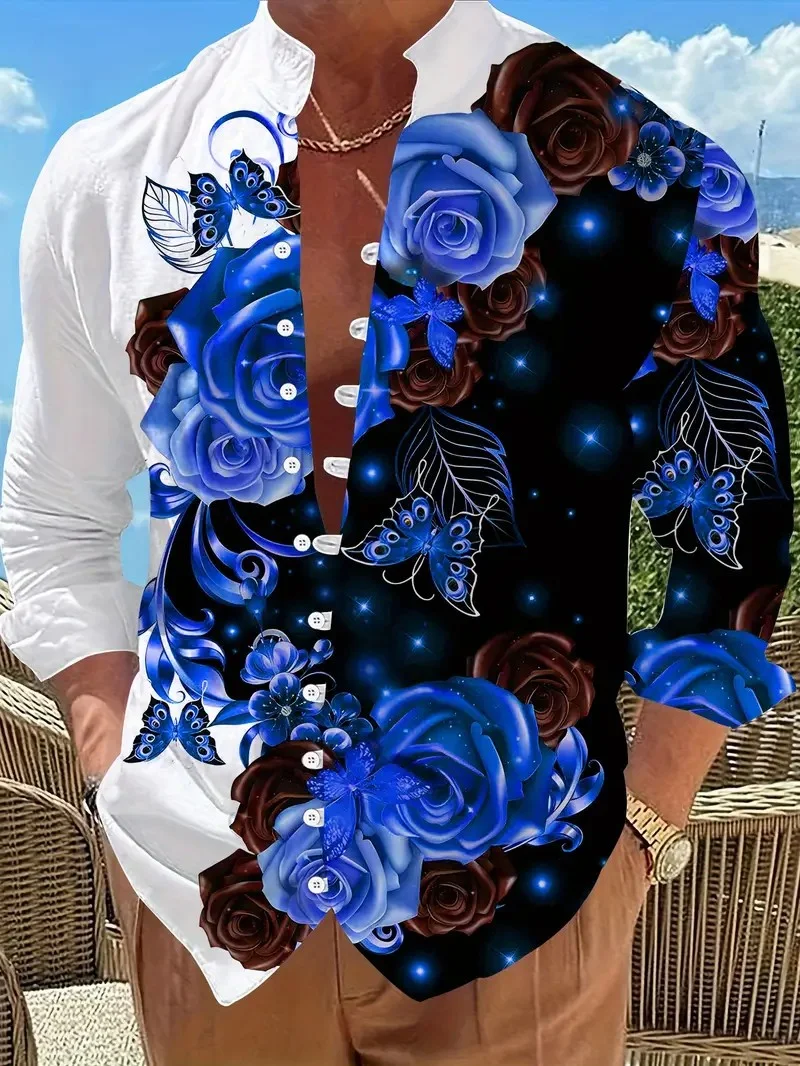 Casual Men Linen Shirts New Print Button Shirt Fashion Stand Up Collar Loose Men's Shirts Streetwear Casual Beach.