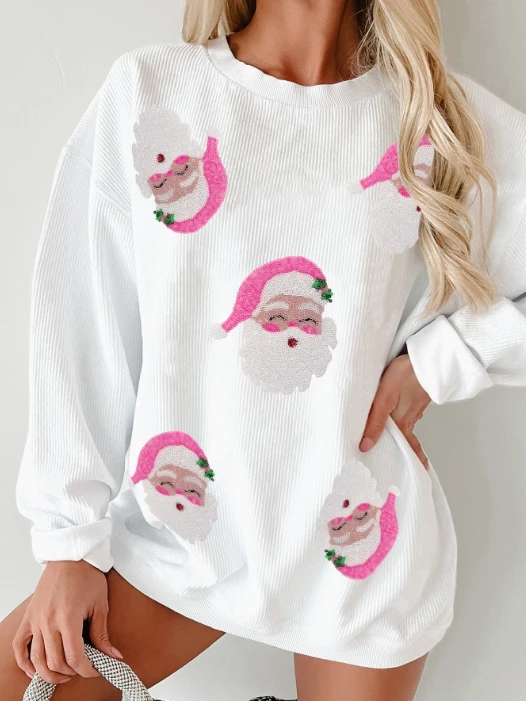 

Christmas Sweatshirt Santa Claus Bead Embroidered Loose Casual Long Sleeved Sweatshirt Vintage Elegant Sweatshirt for Women