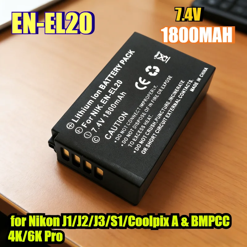 1800mAh 7.4V EN-EL20 Battery for Nikon J1/J2/J3/S1/Coolpix A & BMPCC 4K/6K Pro High-Capacity Li-ion Replacement Power Pack