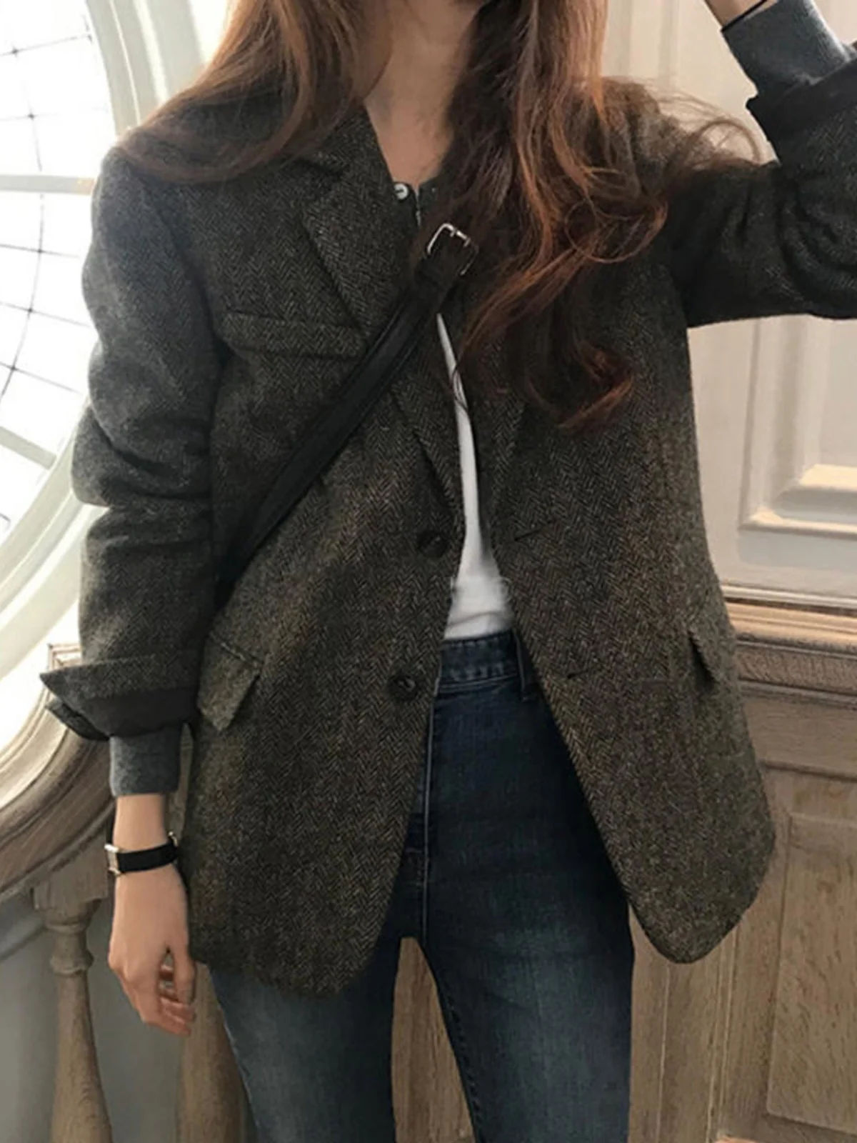 Women's Winter Chic Loose Tweed Suit Jacket Retro Plaid British Style Top Trendy Commute Style Long Sleeve Single Button
