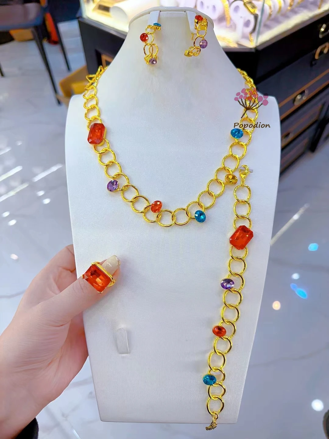 2024 Popodion Dubai New 24K Gold Plated Necklace, Earrings, Rings, Bracelets for Women's Wedding Party Jewelry Set  DD10345