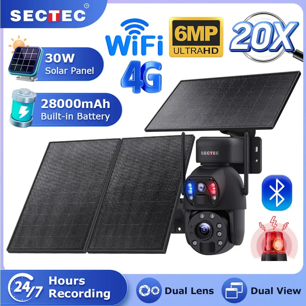 

SECTEC 6MP 30W Solar Battery 20X Zoom Red Blue Alarm Floodlight PTZ Camera Wifi Outdoor Solar Powered Cameras Night Vision