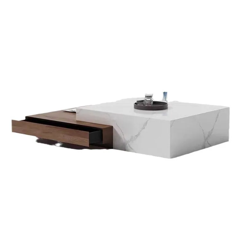 

Natural marble retractable tea table with drawers solid wood coffee table