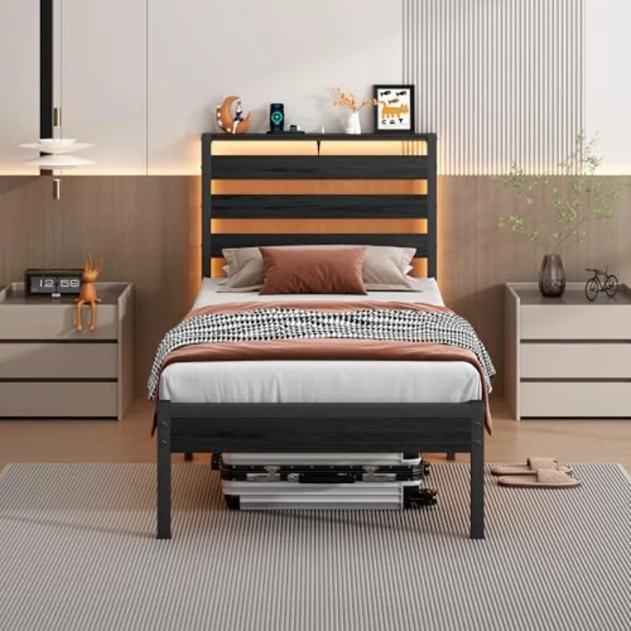 

Bed Frame Size with USB Charging Station LED Bed Frame with Wood Storage Headboard Black Metal Platform Bed with Under Bed Stor
