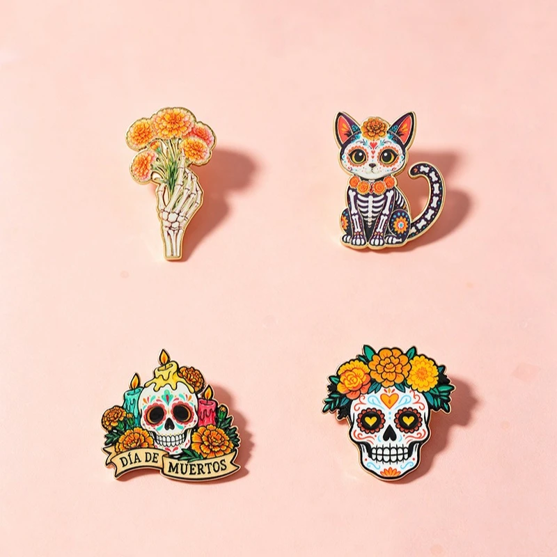 New Mexican Day of the Dead Sugar Skull Cat Brooches Vintage Enamel Metal Pin for DIY Clothes Bags Shoes Hat Scarf T-shirt Jeans
