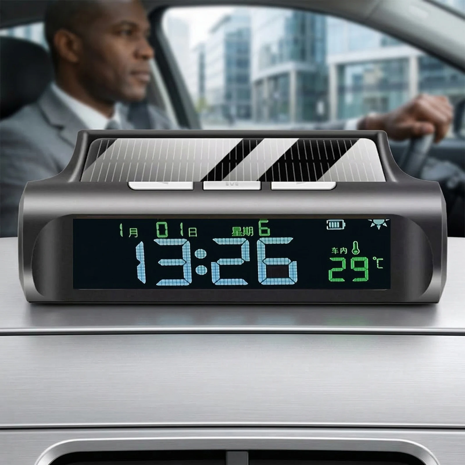 

Solar/USB Vehicle Electronic Clock with Time/Date/Temperature Display for Truck Office Home and Outdoor Camping