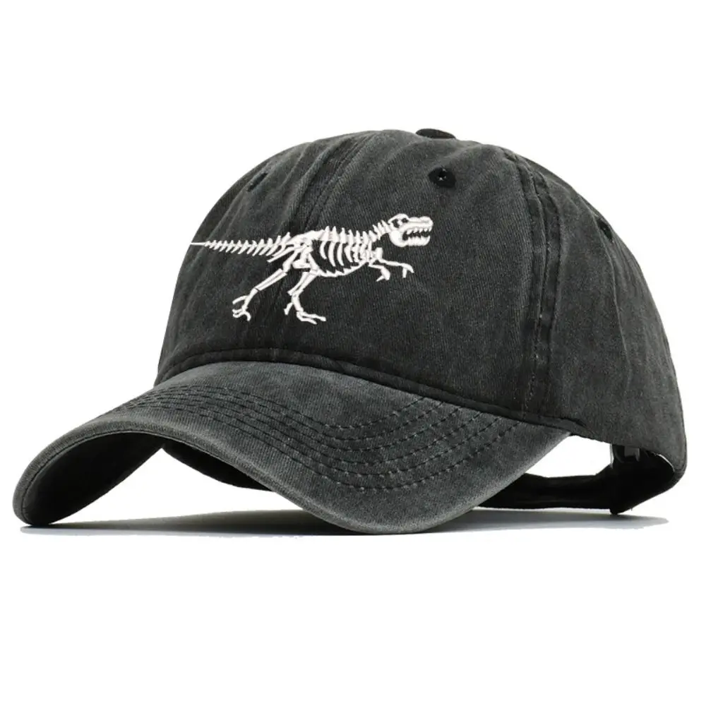 Washed Cotton Dinosaur Skeleton Printed Hat Curved Brim Distressed Dad Hat Baseball Cap Adjustable Skull Graphic Cap
