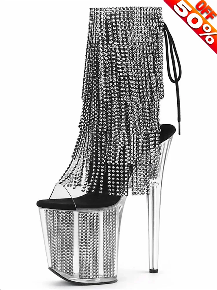 

Peep Toe Women's Thin Heels Platform Ankle Boots 20cm Stripper Gladiator Rhinestone Fringe Rransparent Stage Show Gothic Catwalk