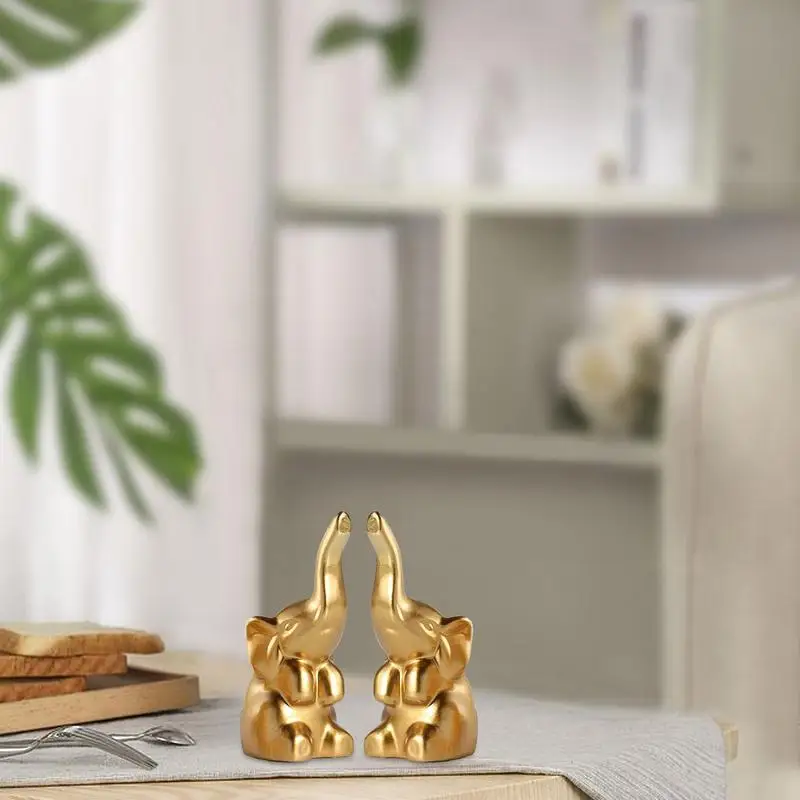 Gold Elephant Figurine | A Pair Elephant Sculpture Home Decor | Gold Elephant Statue for Living Room Bedroom Decoration