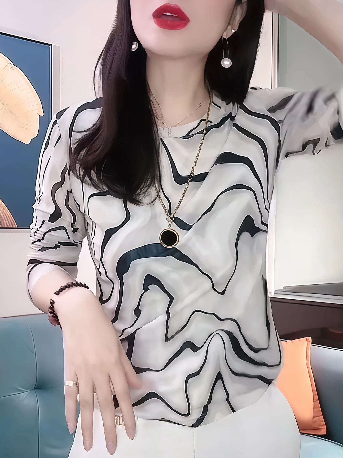 Women's Long Sleeve T-Shirt Mesh Underwear Wave Pattern High Shoulder Fashionable Spring Autumn New Style Comfortable Breathable