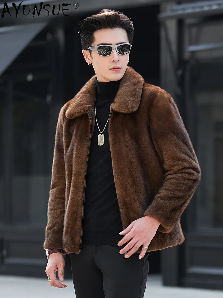 AYUNSUE Natural Fur Coat Winter Jackets for Men 2025 Top Quality Real Mink Fur Jacket Casual Business Fur Coats Lapel Chaquetas