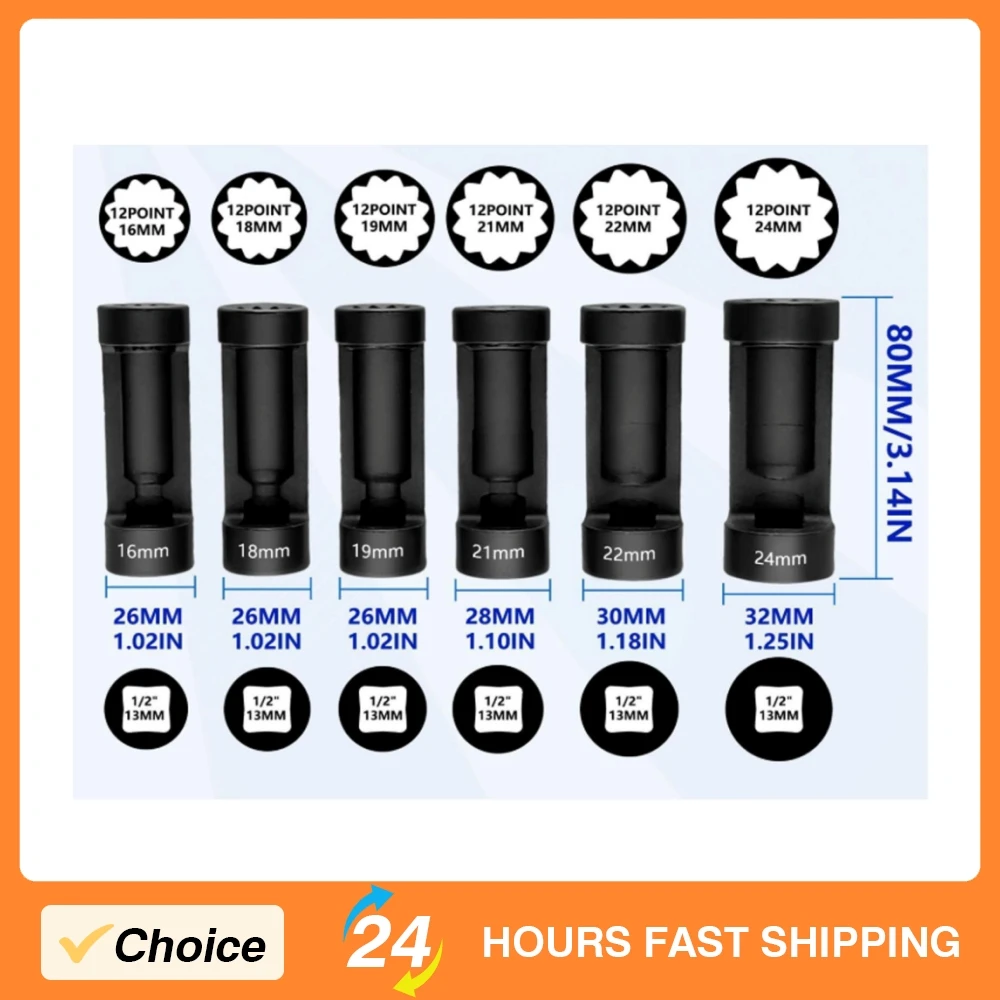 

6pcs Car Suspension Strut Nut Socket Set 16mm 18mm 19mm 21mm 22mm 24mm Shock Absorber Strut Nut Removal Repair Tool Socket Kit