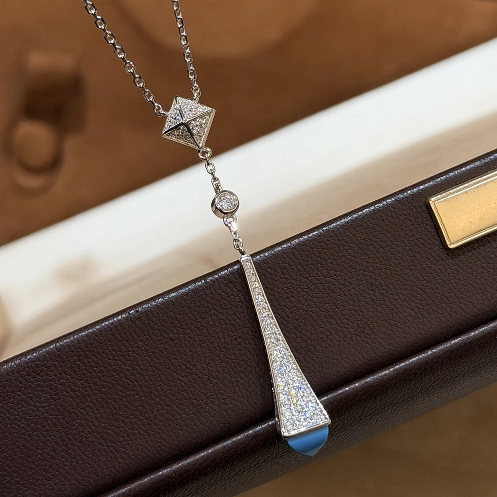 Trendy Real 925 Sterling Silver Necklaces For Women Gift Rivets Blue Design 5a Zircon Turquoise Pendant Luxury Fine Jewelry