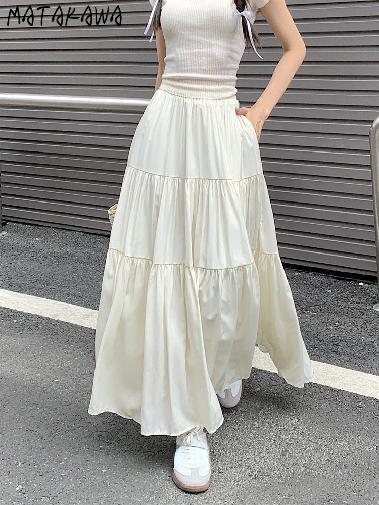 Matakawa Spring Autumn Women Skirts Korean Fashion Solid Sweet A-line Faldas Mujer French Style Elegant Jupe Femme Vintage