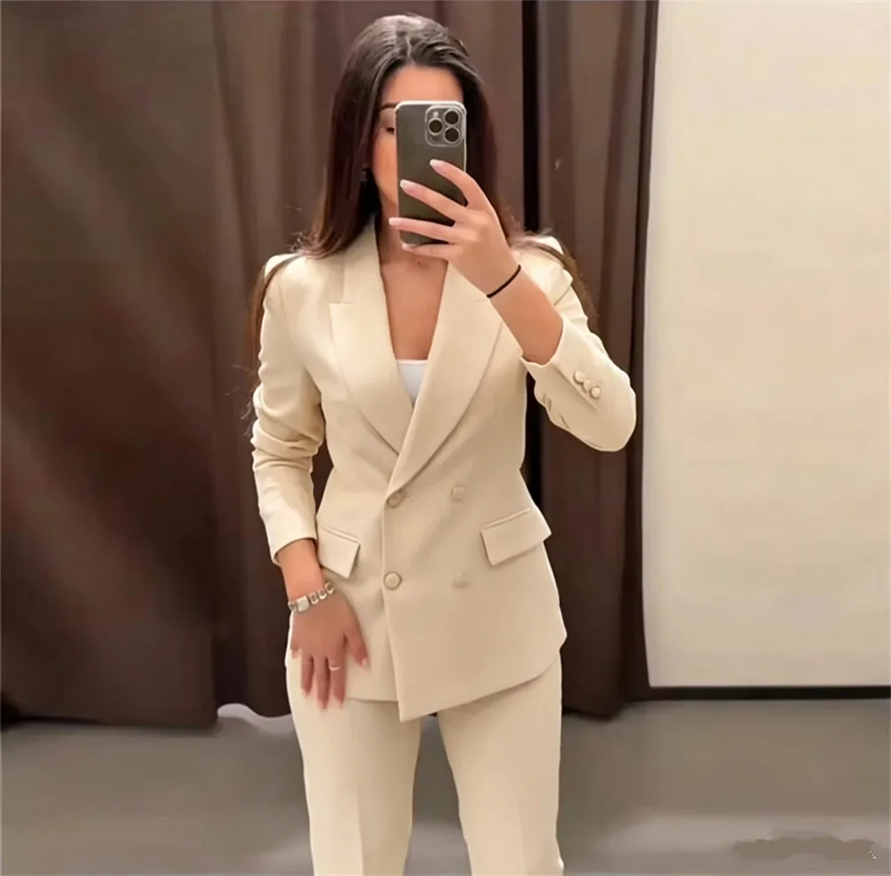 Yellow Blazer Coat Pants Sets 2 Pcs Women Double Breasted Notched Jacket Straight Trousers Suits Female Commute Outfit view 2