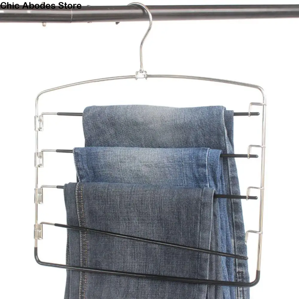 

Metal Multi-Layer Trousers Hanger Moveable Hanging Pants Storage Holder Space Saving Reusable 5 Layer Trousers Rack Jeans