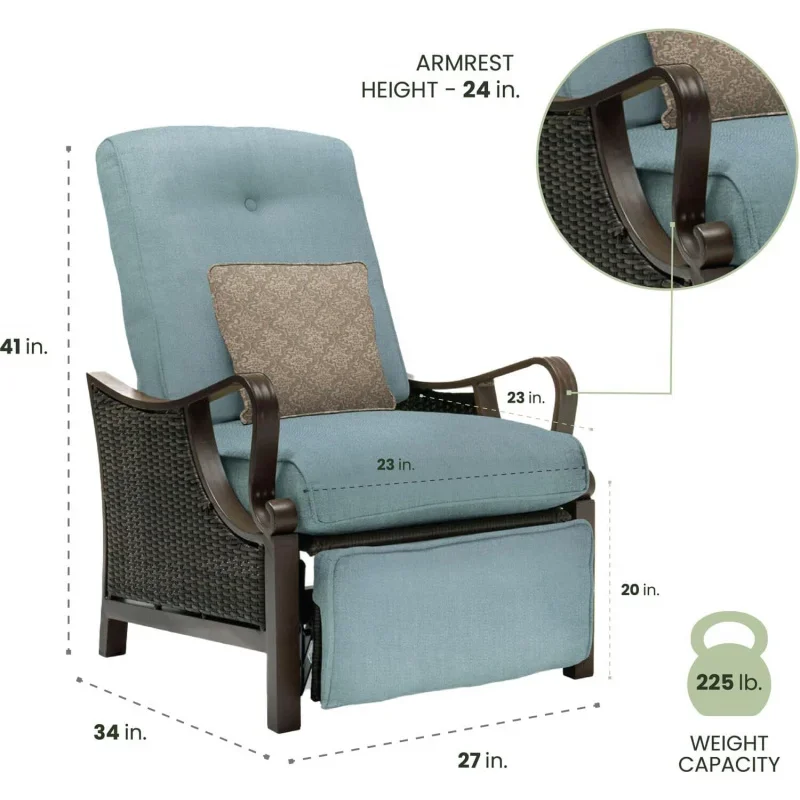 Ventura Brown Wicker Outdoor Recliner Chair with Cushions and Accent Pillow, Luxury All-Weather