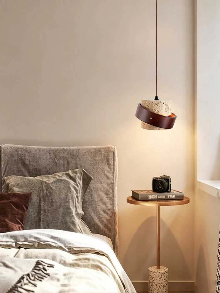 Cream Style Yellow Travertine Pendant Lights, Nature Stone Wood Hanging Lamps for Bedroom Bedside Restaurant Kitchen Island