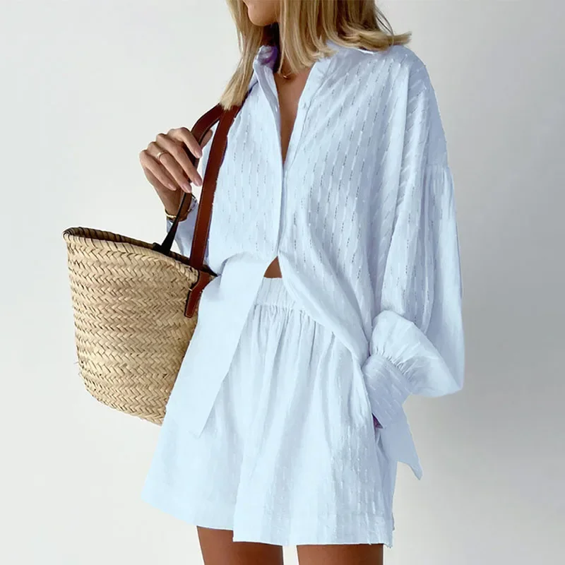 Fashion Long Sleeve Shirt and Shorts Suit 2 Piece Sets Women White Shorts Sets 2024 Summer Hollow Loose Female Outfits 22076