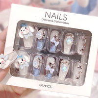24Pcs Sanrio Blue/Pink Cinnamoroll Press On Nails With 3D Crystal Cinnamoroll/Melody Fake Nail Tips Y2K Kawaii Cartoon Nail Tips