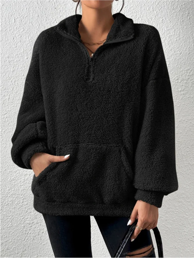 2026 Herbst Winter Mode Damen Samt-Hoodie Einfarbig Verdickter Plüsch-Pullover mit Großer Tasche Warmer Langarm-Damen-Sweatshirt – Detail 17