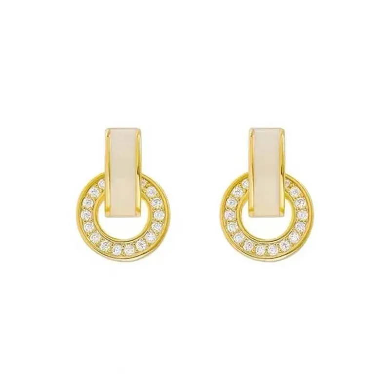 Korean White Drip Oil Circular Stud Earrings for Women Exquisite Sparkling Crystal Geometric Round Earrings Party Jewelry Gifts