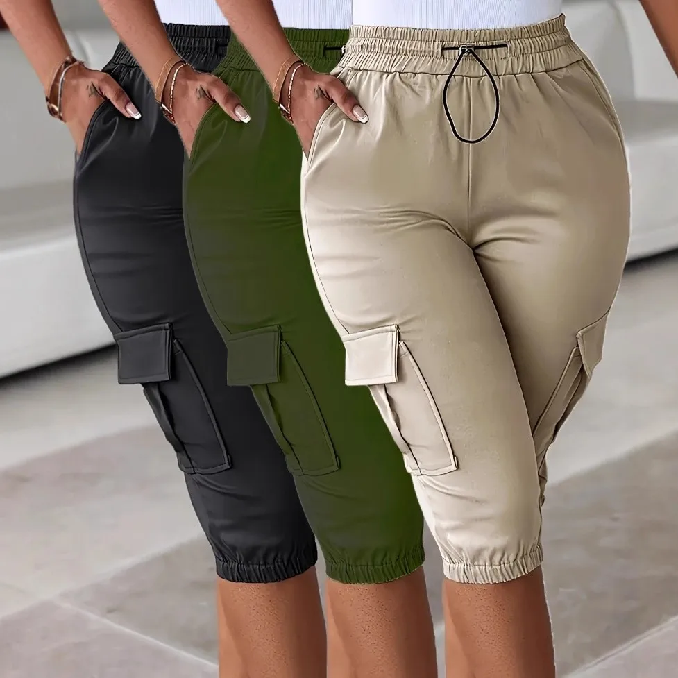 Summer Women Capri Pants Women's Cargo Crop Pants Olive Green High Waisted Ankle Pants Khaki Three Quarter Pants With Multi
