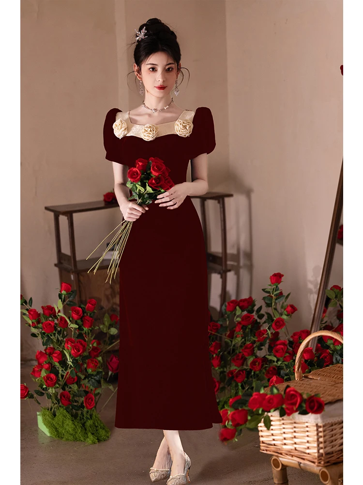 

Ele Red Wedding Dr Fem Version Light Luxury ort Sve Zipper Sle Floral Embellied mid Waist Bodycon Gown